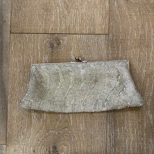Silver beaded clutch with attached strap